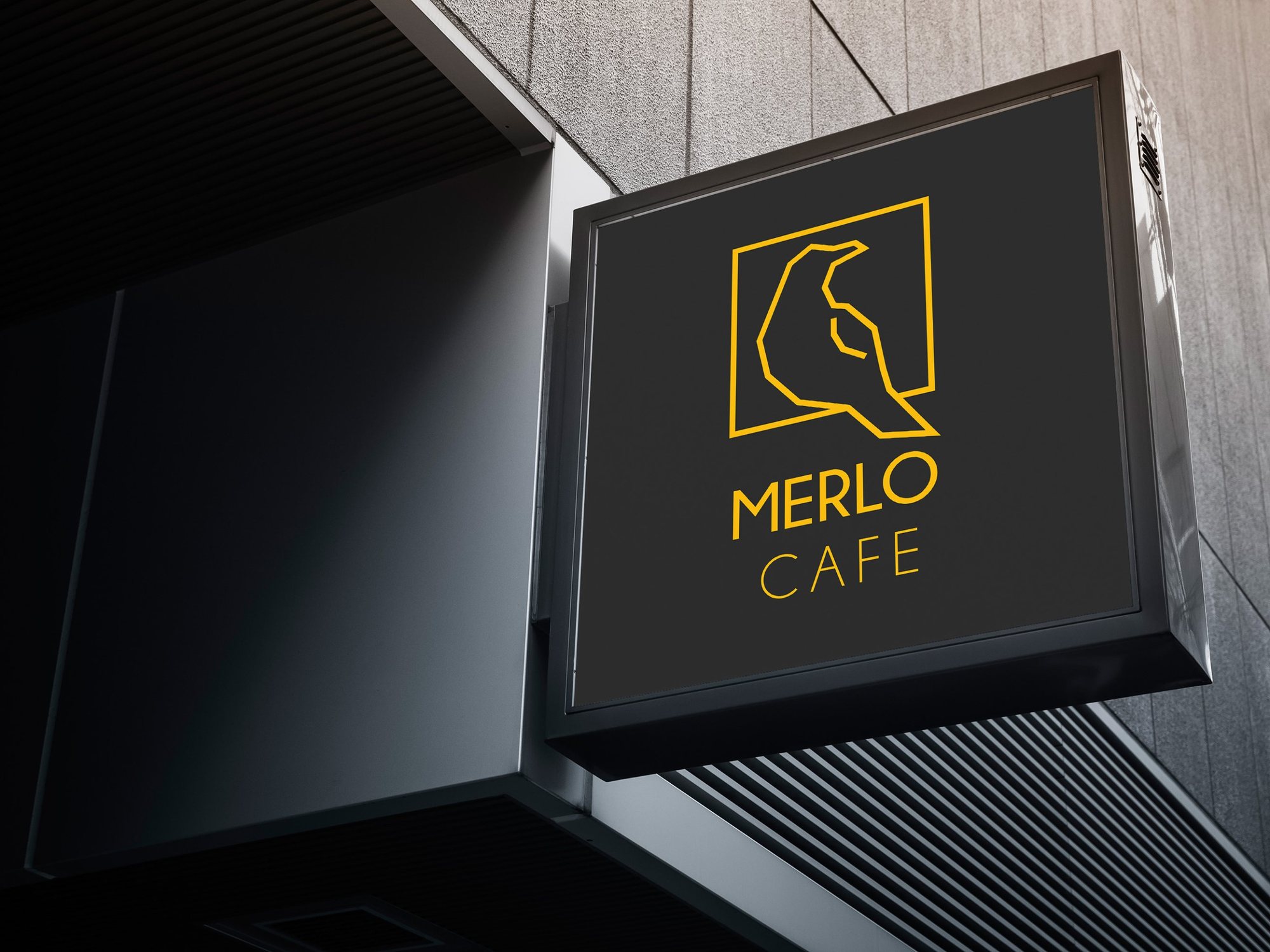 Merlo Cafe blackbird mark glowing amber on a projecting box sign