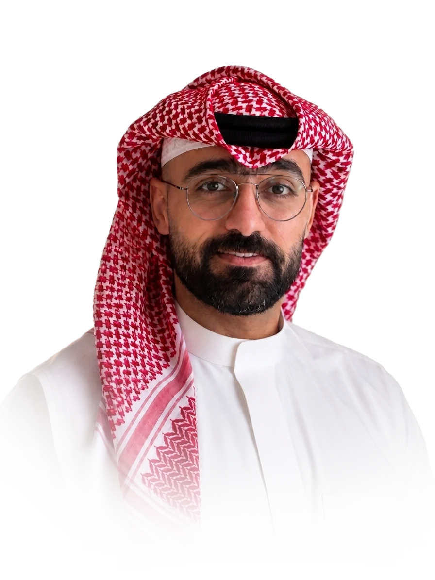 Muath Albardini in a white thobe and red shemagh